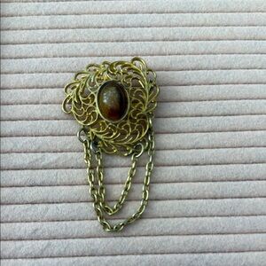 Vintage Gold and Brown Filigree Brooch with Chains